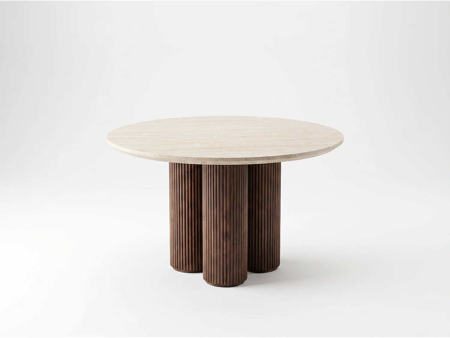 Tavolo da pranzo rotondo MIA – Piano in ceramica effetto travertino e base con finitura noce, 110 cm – Homeluxury