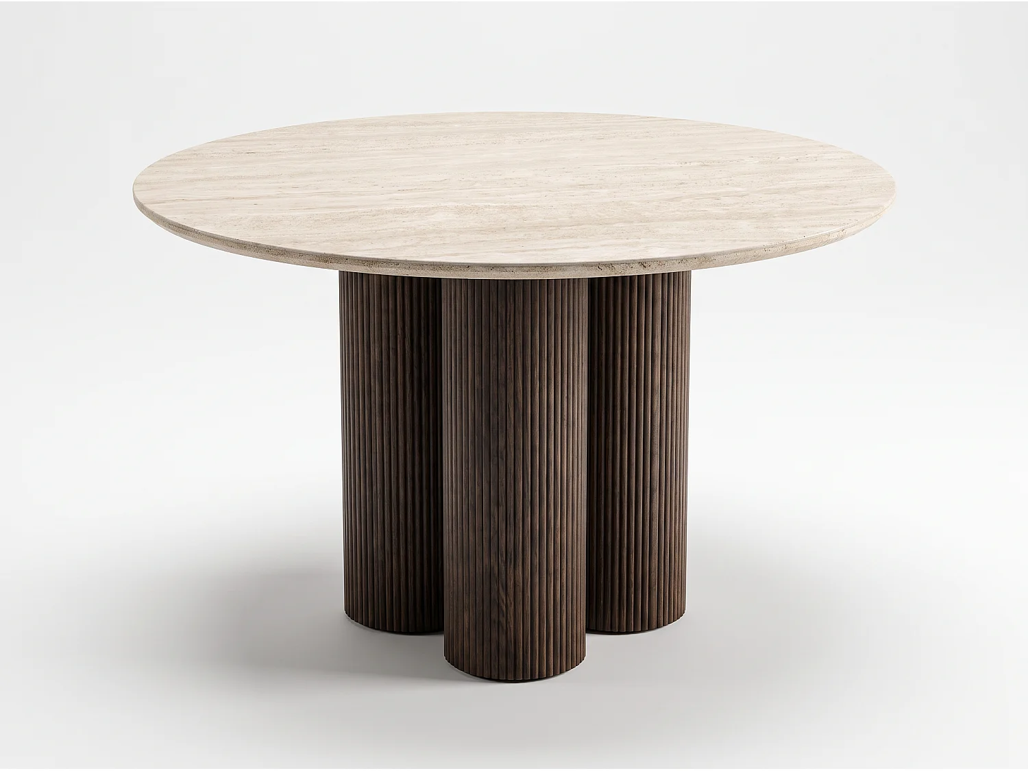 Tavolo da pranzo rotondo MIA – Piano in ceramica effetto travertino e base con finitura noce, 110 cm – Homeluxury