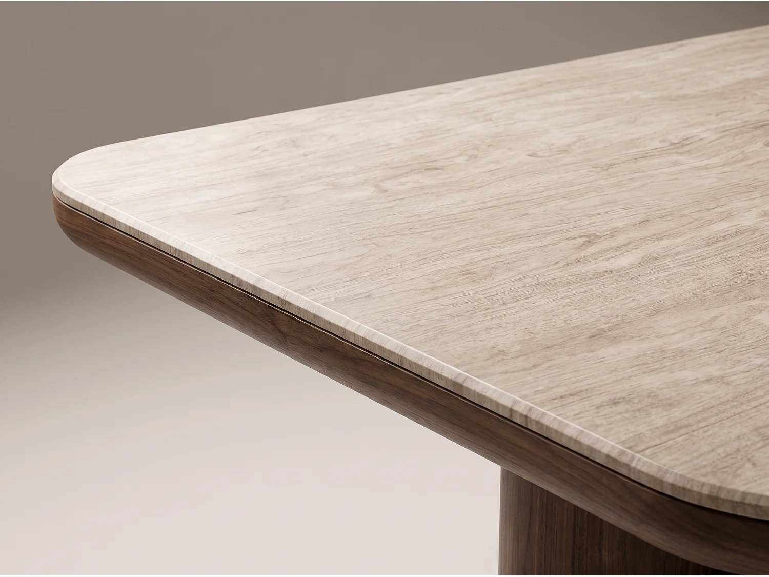 Table à manger ORIGO – Plateau en céramique travertin beige et pieds finition noyer - Homeluxury