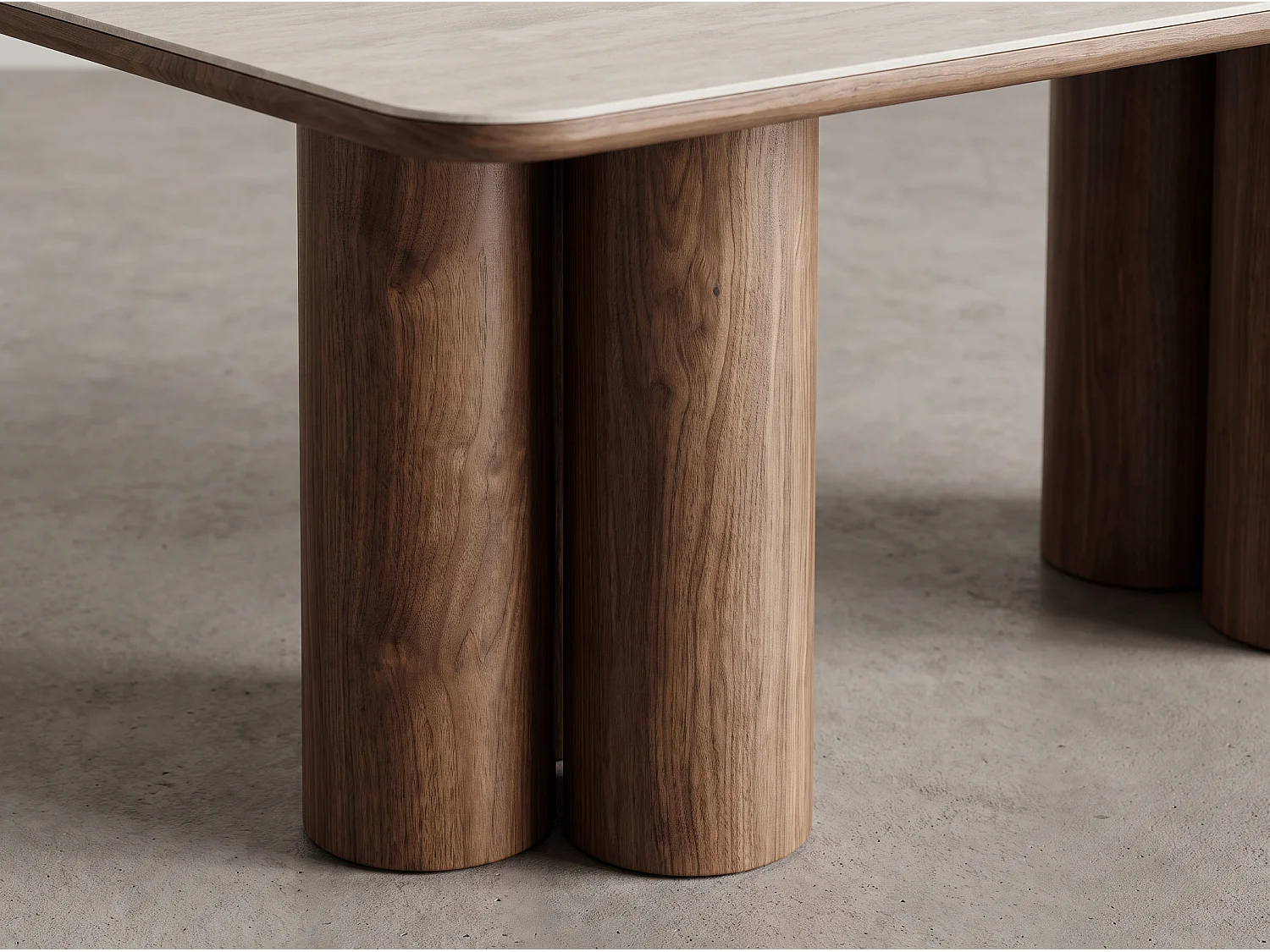 Table à manger ORIGO – Plateau en céramique travertin beige et pieds finition noyer - Homeluxury