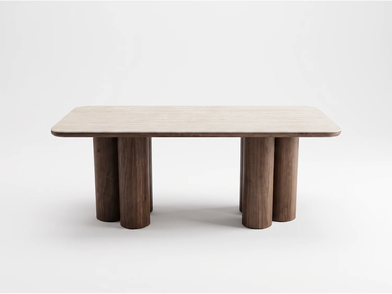 Table à manger ORIGO – Plateau en céramique travertin beige et pieds finition noyer - Homeluxury