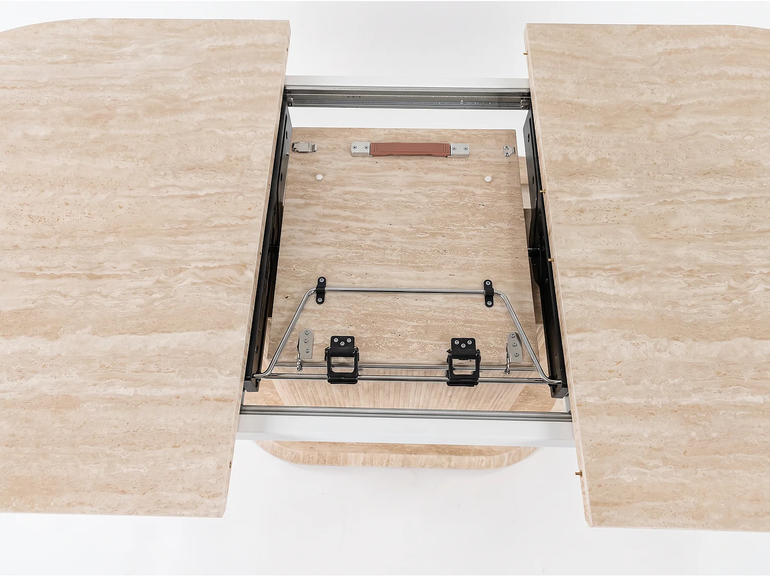 Table à manger Extensible VANINA – Plateau en céramique et pieds finition travertin - Homeluxury