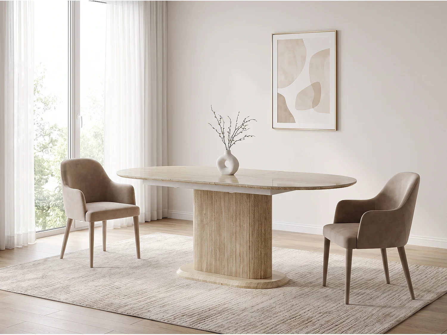 Table à manger Extensible VANINA – Plateau en céramique et pieds finition travertin - Homeluxury
