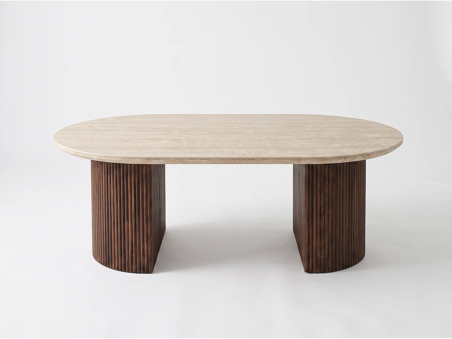 Mesa de centro TERRA – Tablero de cerámica travertino y patas con acabado nogal – Homeluxury