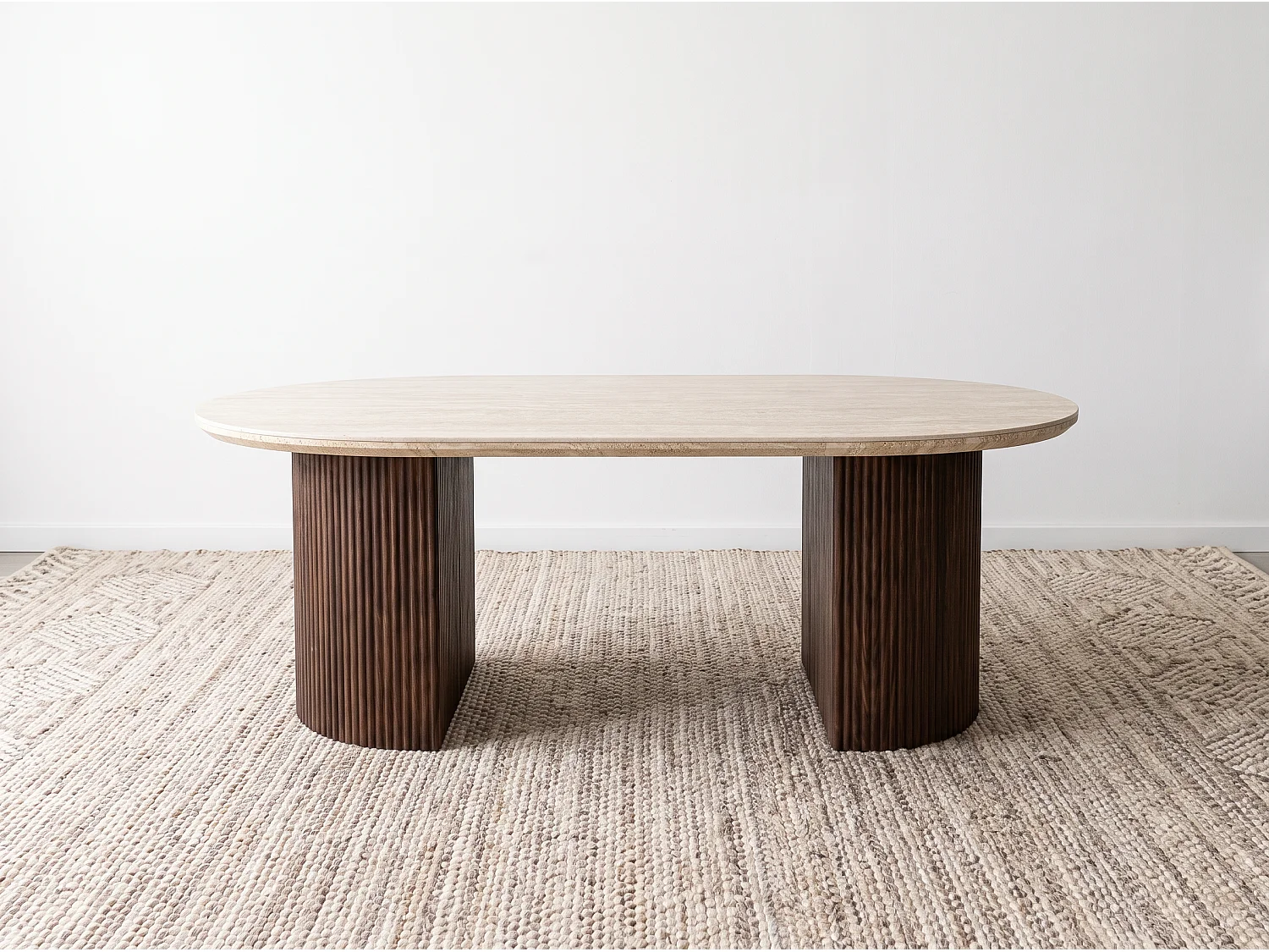 Mesa de centro TERRA – Tablero de cerámica travertino y patas con acabado nogal – Homeluxury