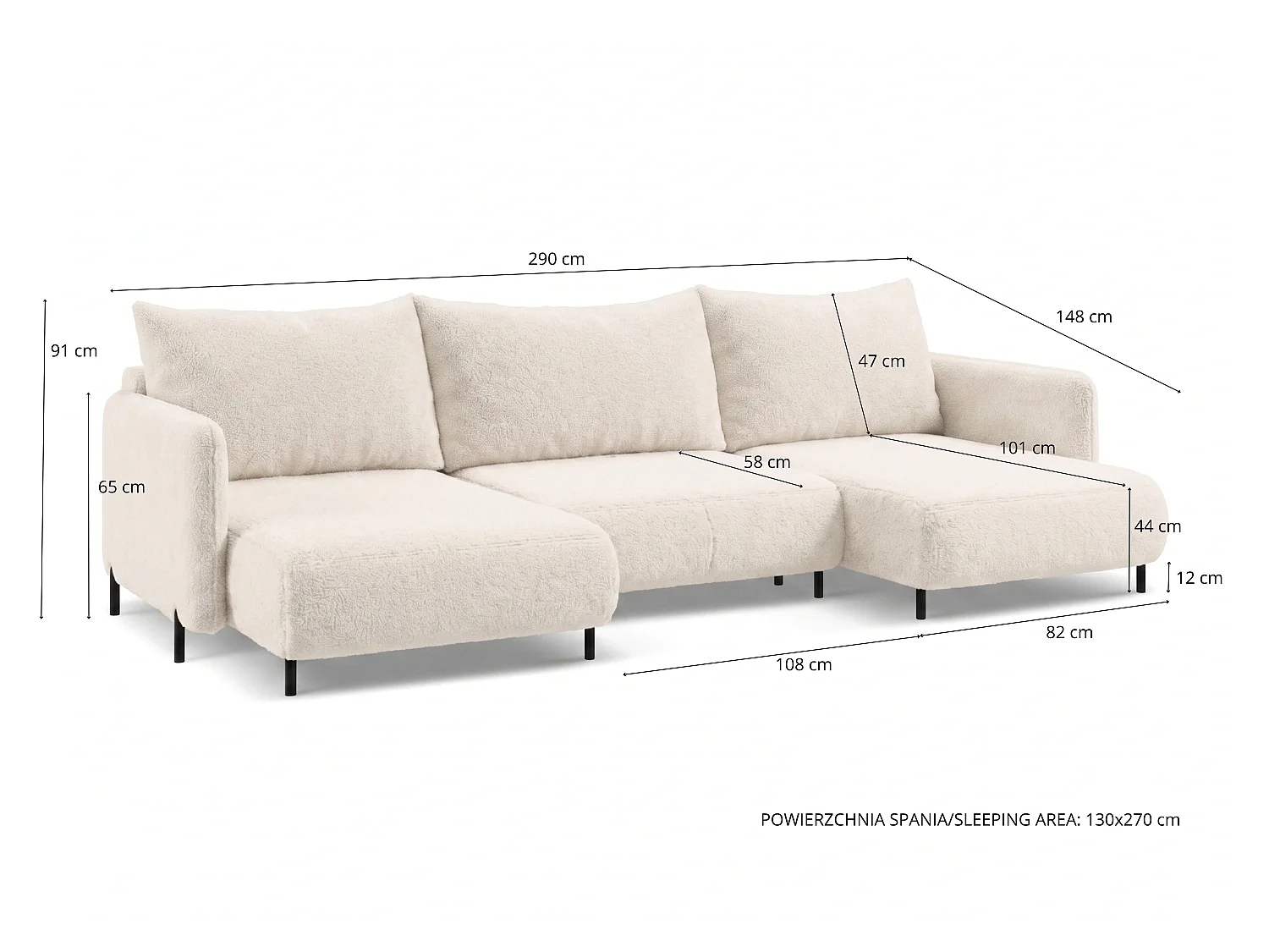 Canapé d'angle réversible 5 places FONII U convertible en tissu teddy bouclé - blanc