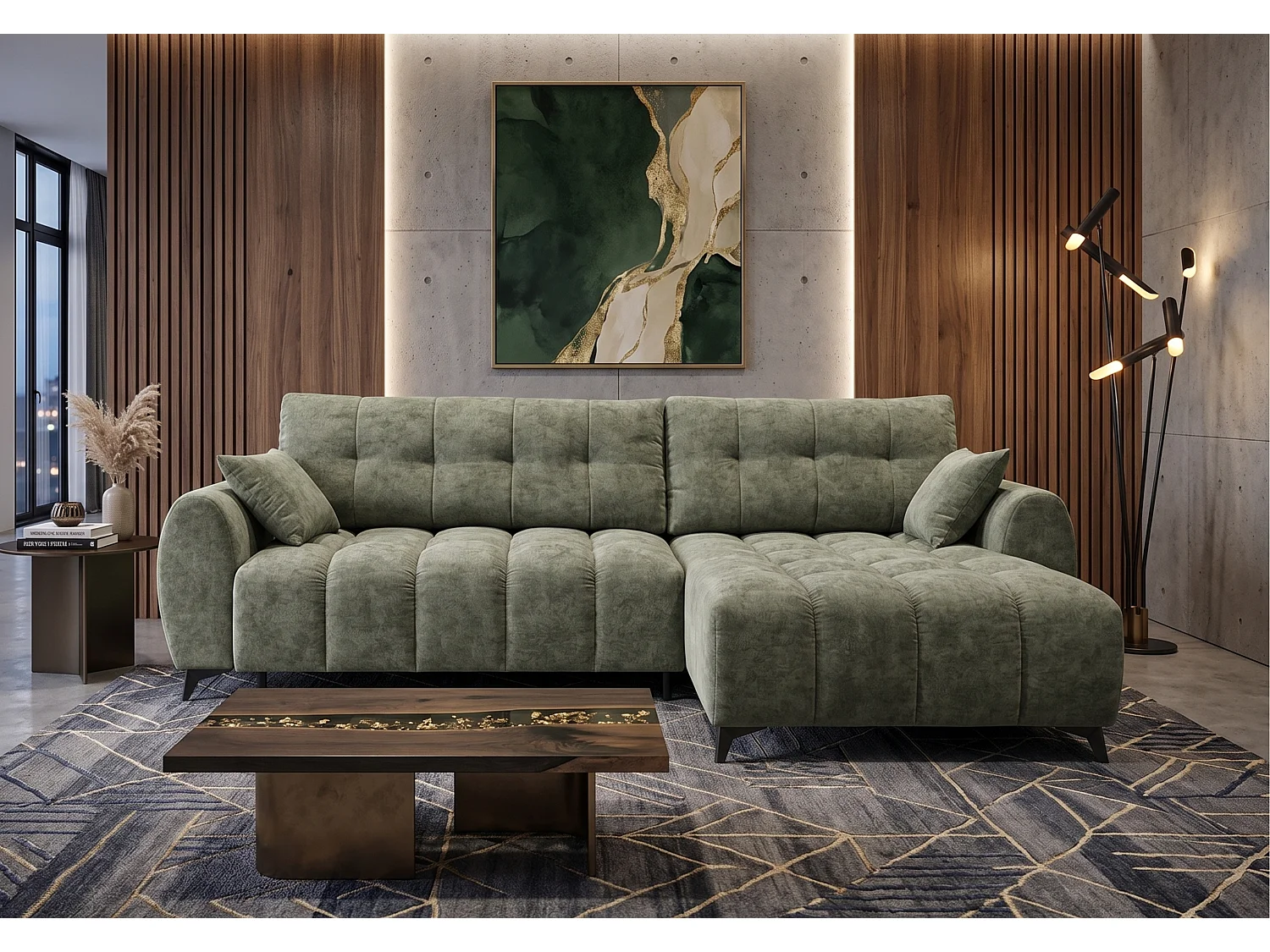 Canapé d'angle réversible 5 places CERVO XL convertible en tissu doux et délicat - vert