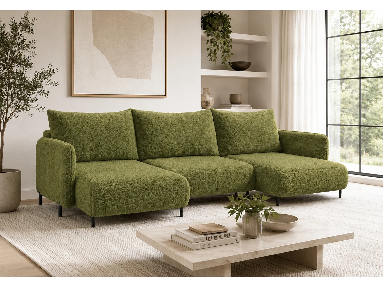 Canapé d'angle réversible 5 places FONII U convertible en tissu teddy bouclé - vert bouteille