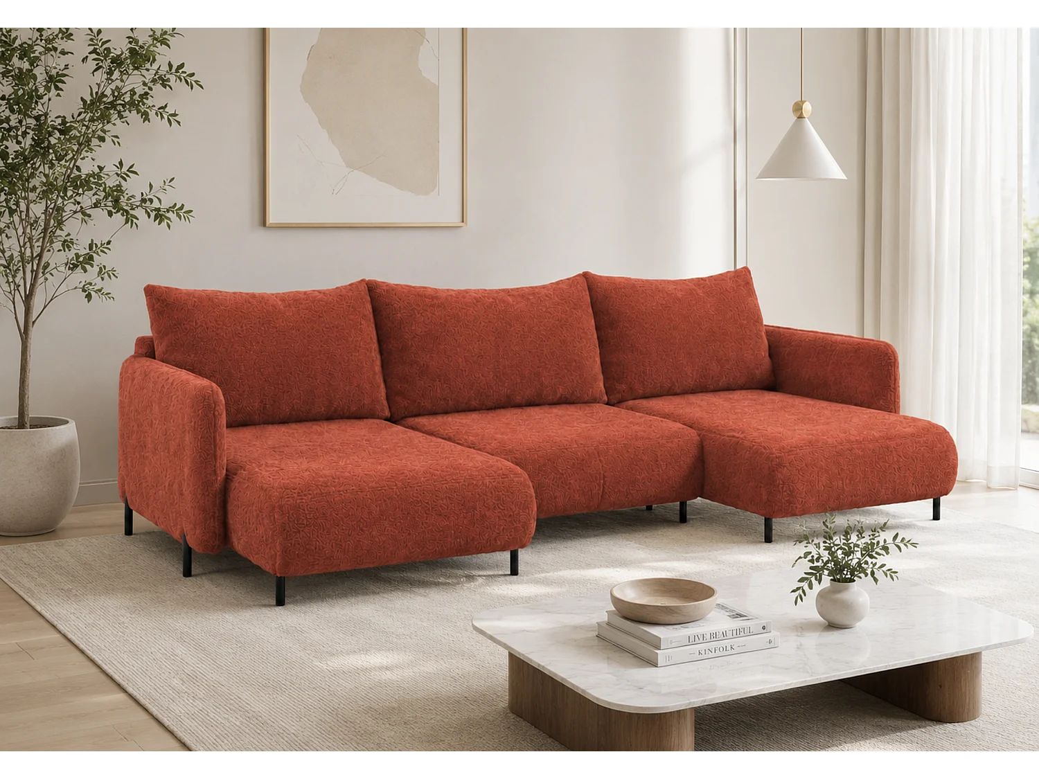Canapé d'angle réversible 5 places FONII U convertible en tissu teddy bouclé - cuivré