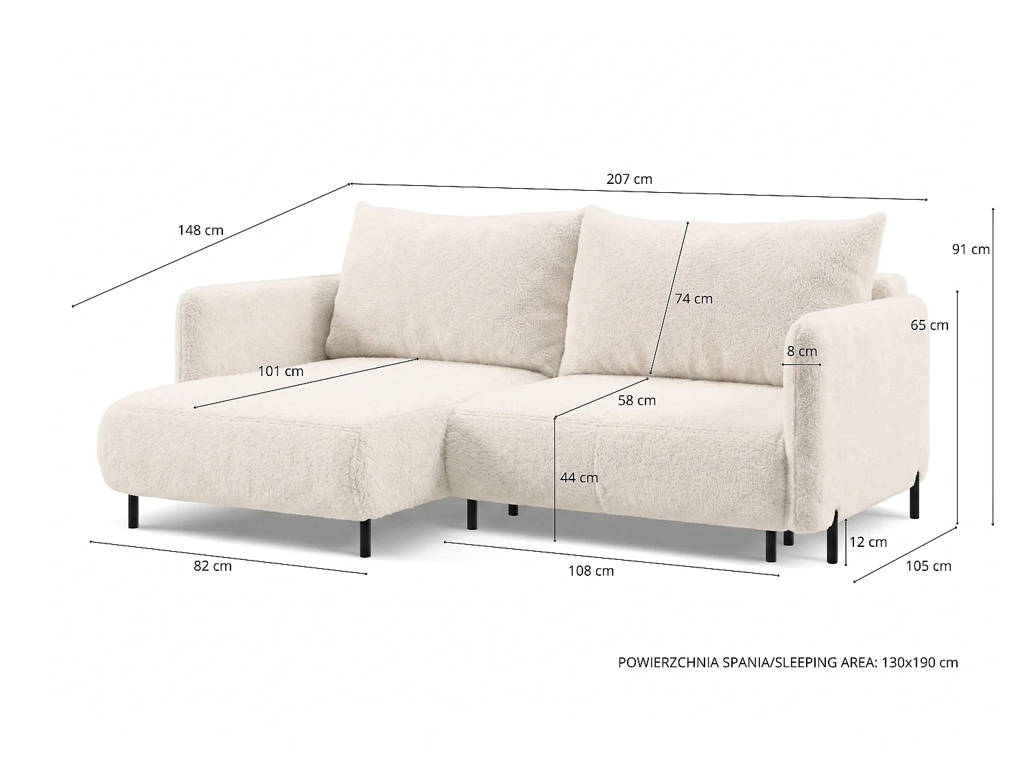 Canapé d'angle réversible 3 places FONII L convertible en tissu teddy bouclé - blanc