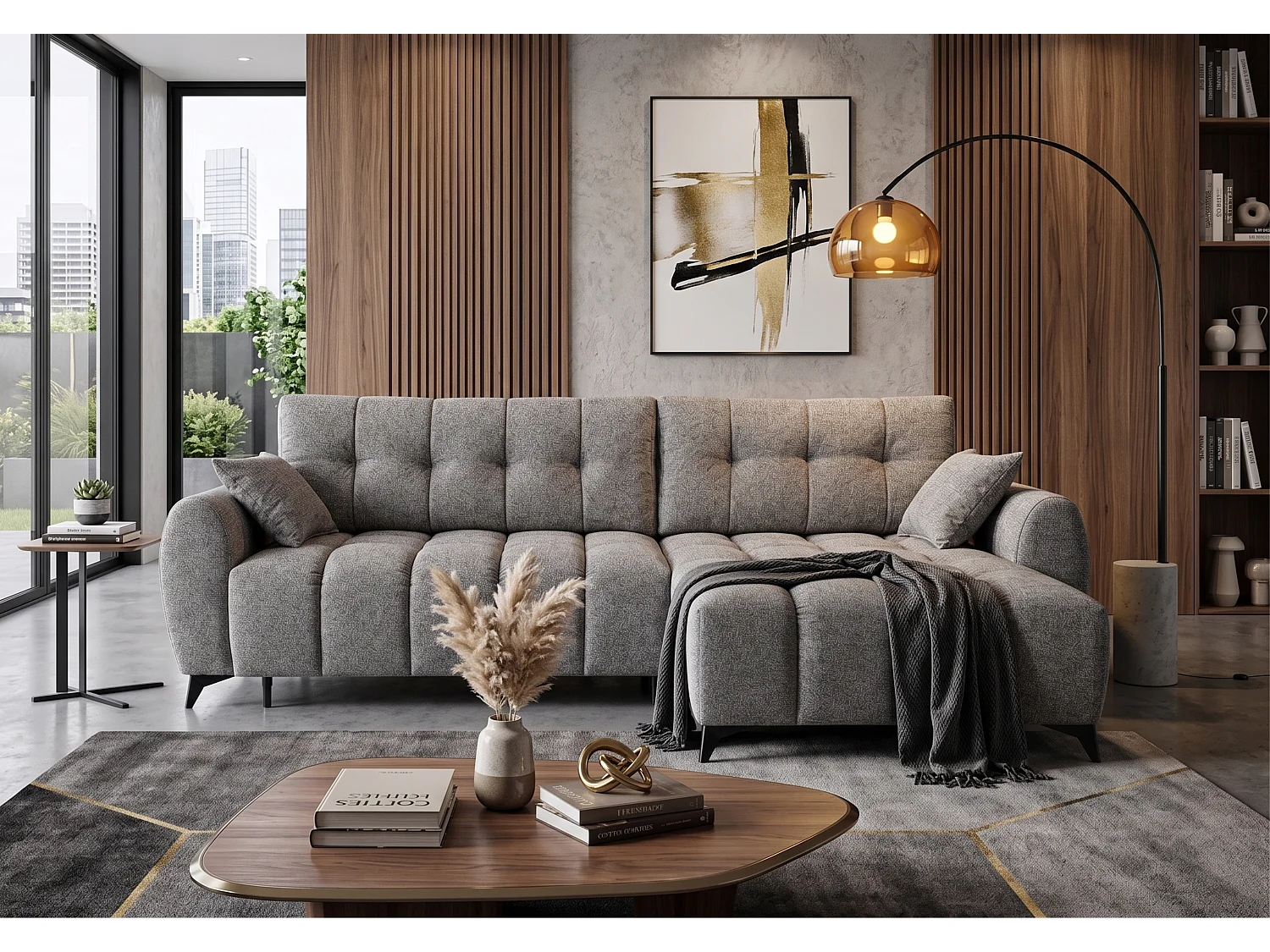 Canapé d'angle réversible 5 places CERVO XL convertible en tissu doux et délicat - gris