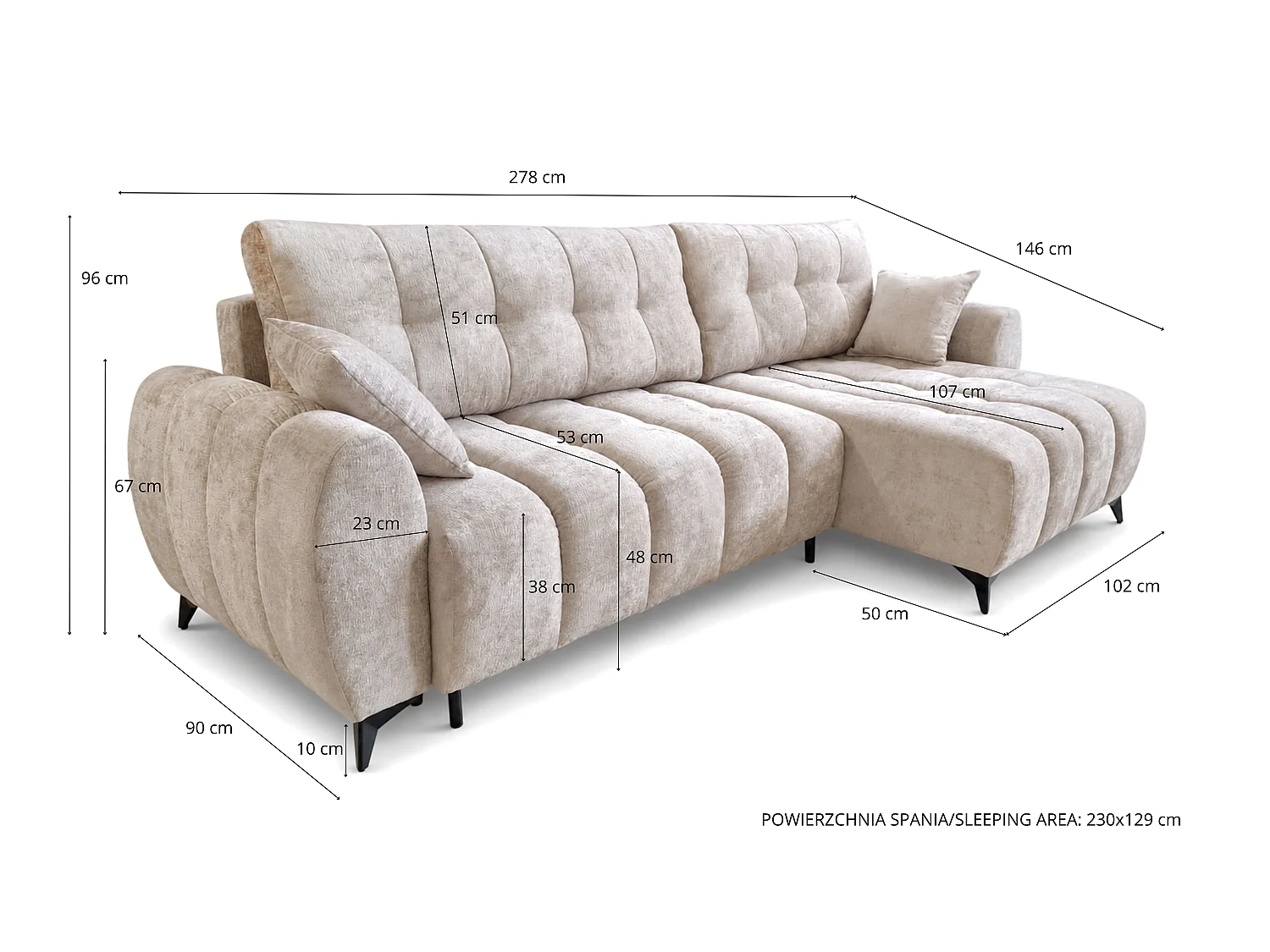 Canapé d'angle réversible 5 places CERVO XL convertible en tissu doux et délicat - gris