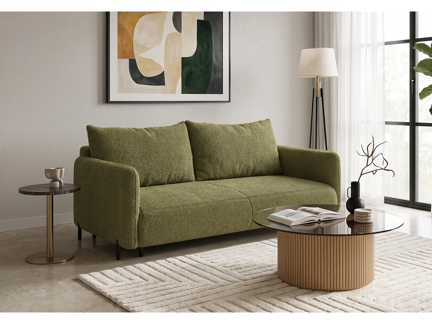 Canapé droit 3 places FONII convertible en tissu teddy bouclé - vert bouteille