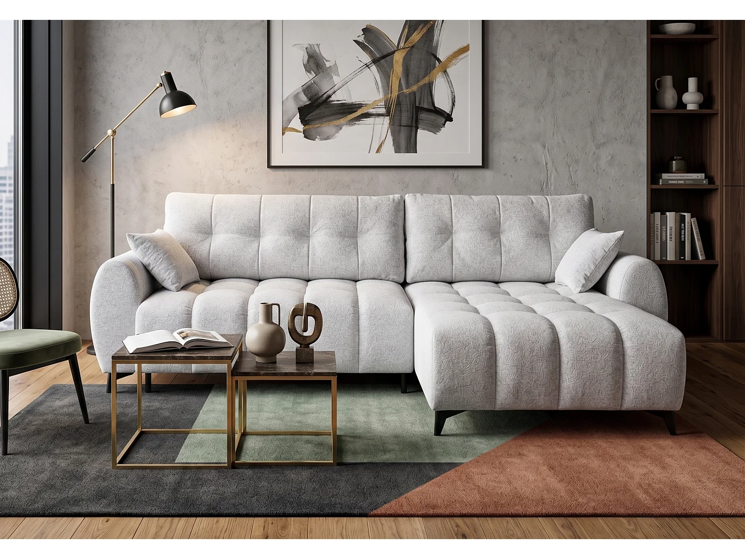 Canapé d'angle réversible 5 places CERVO XL convertible en tissu doux et délicat - gris clair
