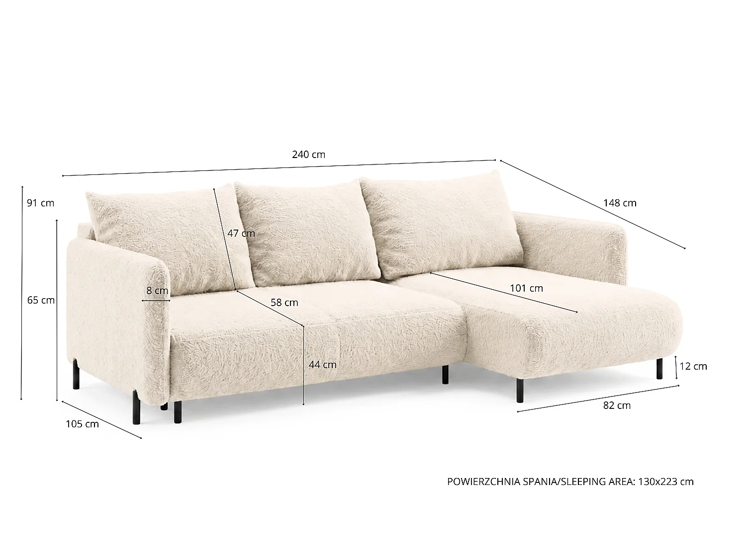 Canapé d'angle réversible 4 places FONII XL convertible en tissu teddy bouclé - blanc