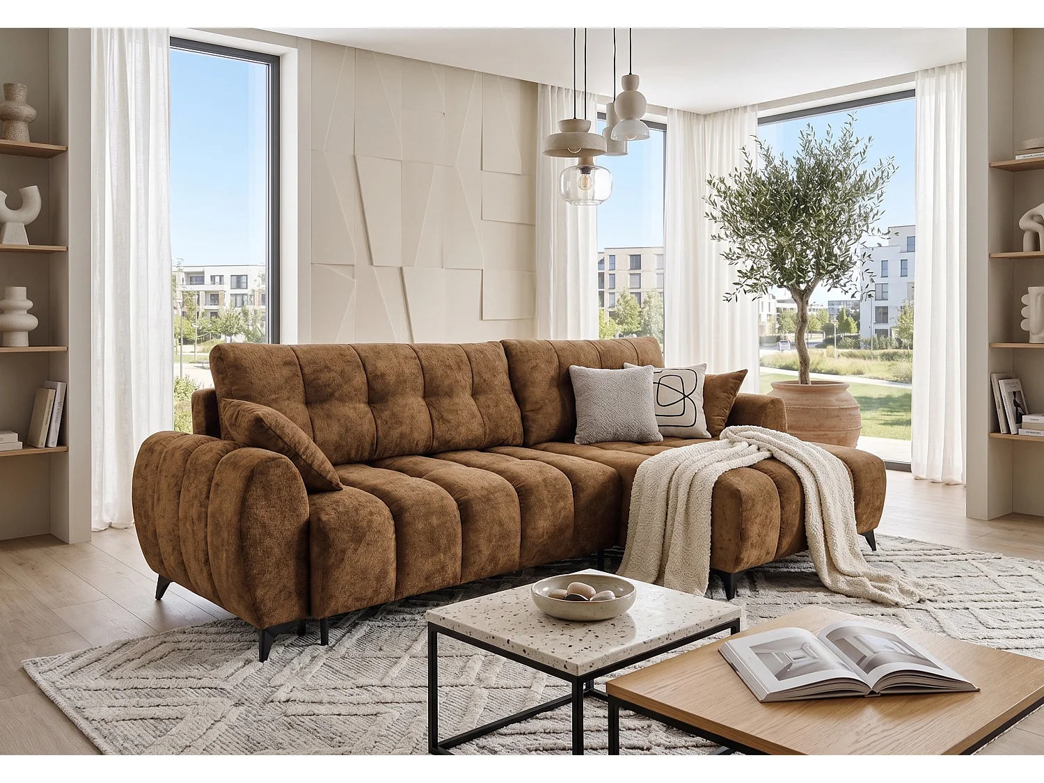 Canapé d'angle réversible 5 places CERVO XL convertible en tissu doux et délicat - brun