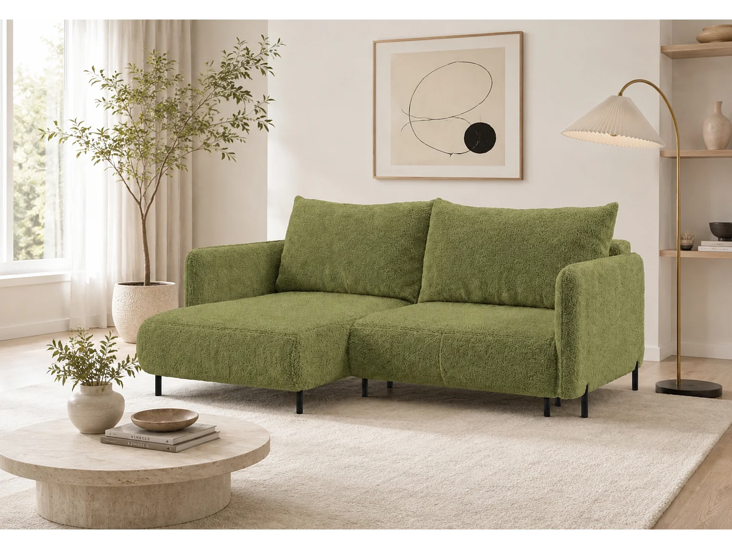 Canapé d'angle réversible 3 places FONII L convertible en tissu teddy bouclé - vert bouteille