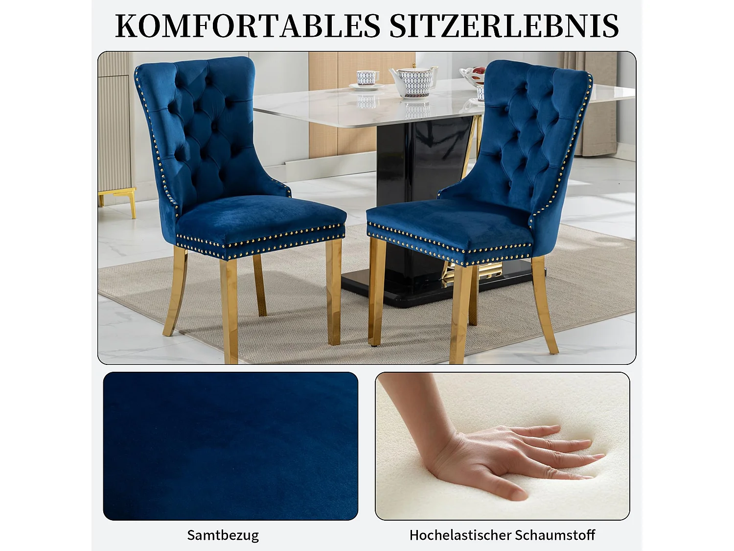 Chaises de Salle à Manger en Velours Ensemble de 2 avec Poignée en Anneau, Finition Clouée, Dossier Capitonné à Boutons, Pieds Métalliques Ajustables