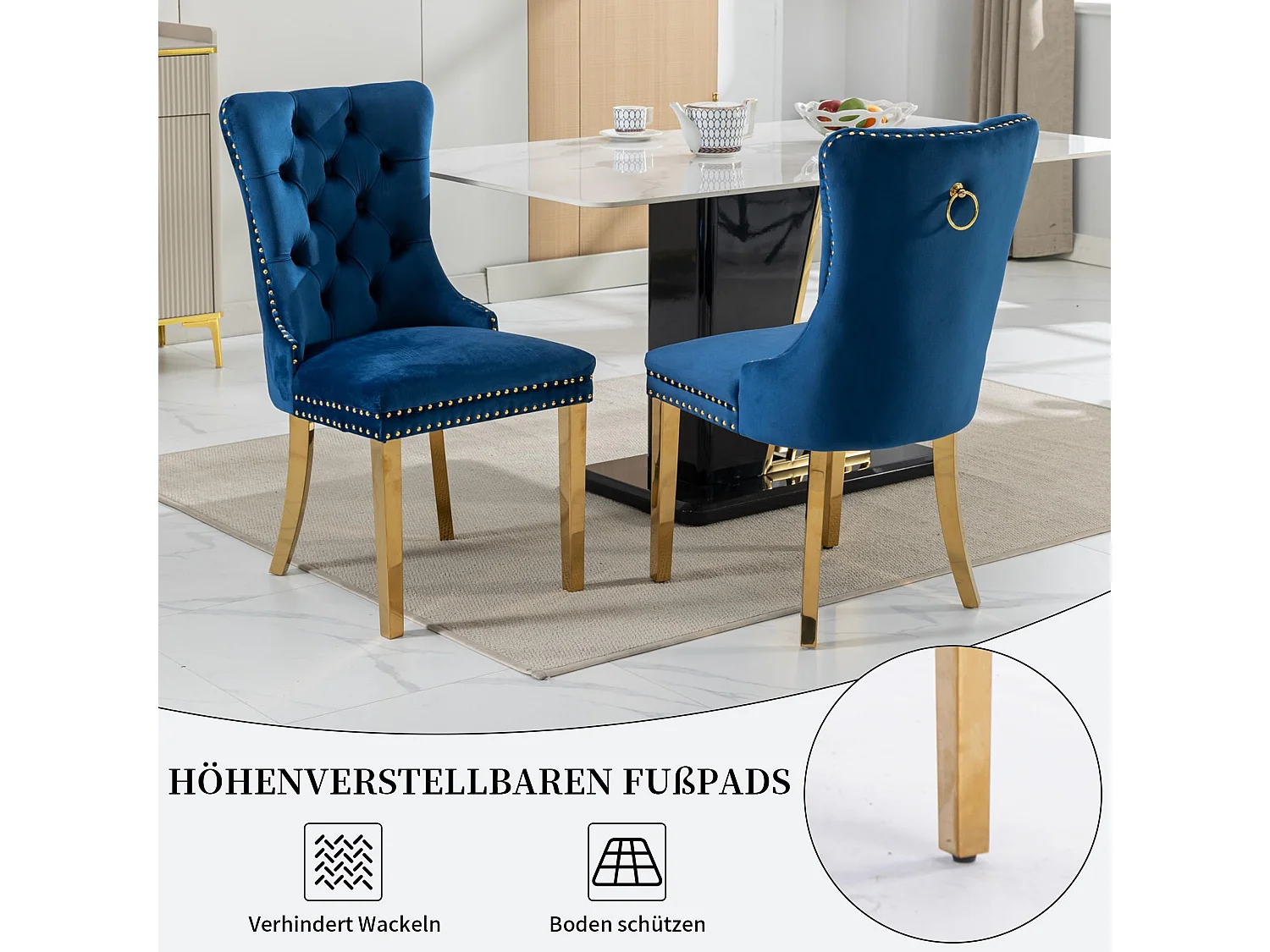 Chaises de Salle à Manger en Velours Ensemble de 2 avec Poignée en Anneau, Finition Clouée, Dossier Capitonné à Boutons, Pieds Métalliques Ajustables