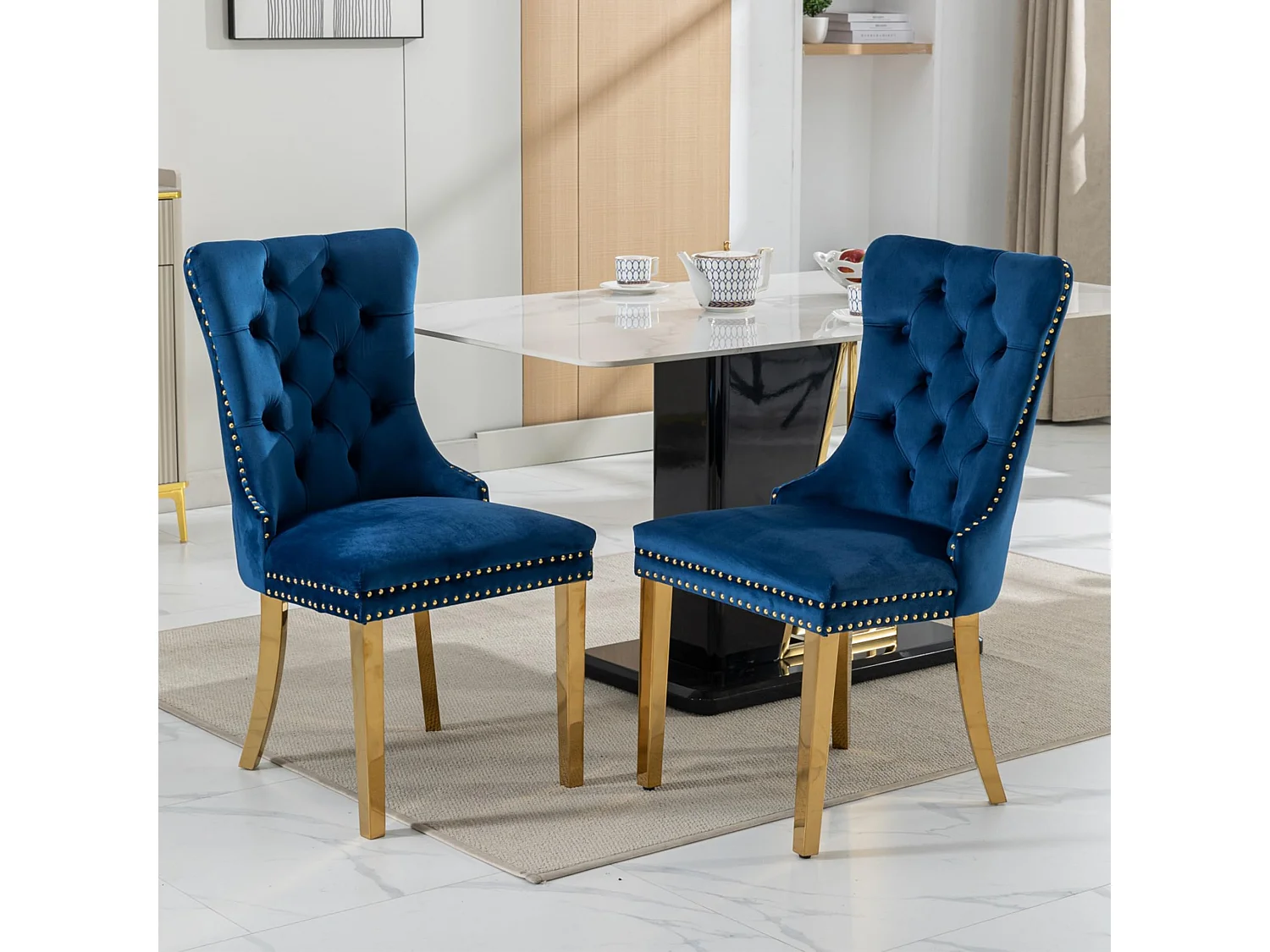 Chaises de Salle à Manger en Velours Ensemble de 2 avec Poignée en Anneau, Finition Clouée, Dossier Capitonné à Boutons, Pieds Métalliques Ajustables