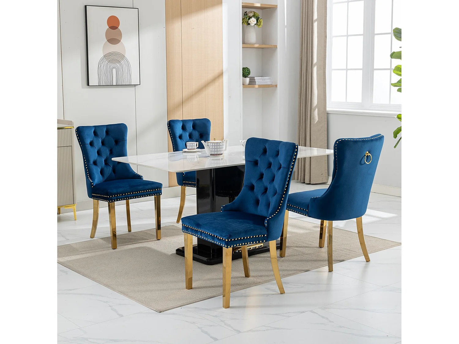 Set van 2 fluwelen eetkamerstoelen in Franse luxestijl met gecapitonneerde rug