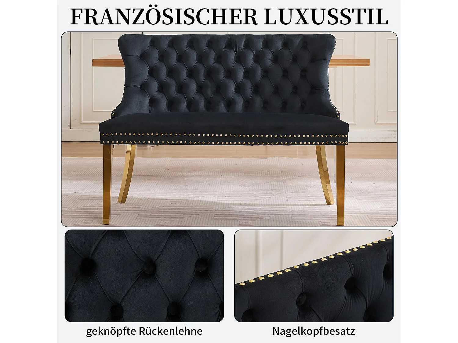 Franse Luxe Stijl Velours Gestoffeerde Eetbank met Verstelbare Stalen Poten