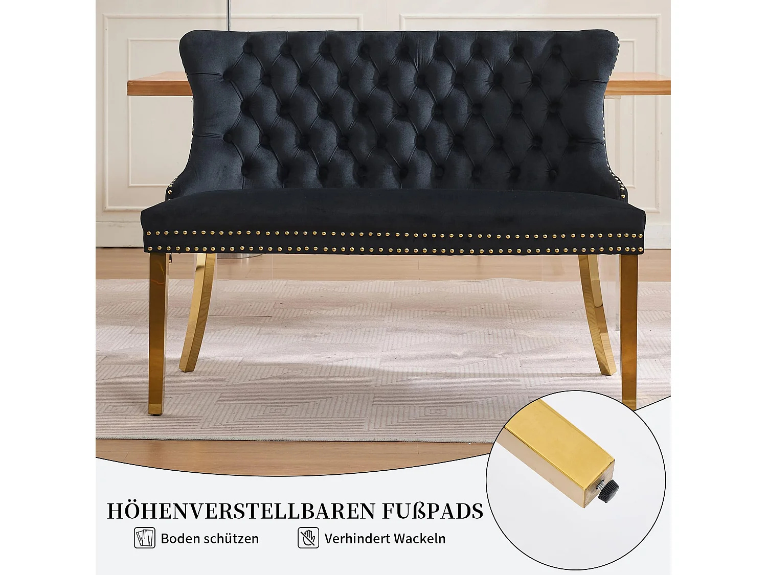 Franse Luxe Stijl Velours Gestoffeerde Eetbank met Verstelbare Stalen Poten