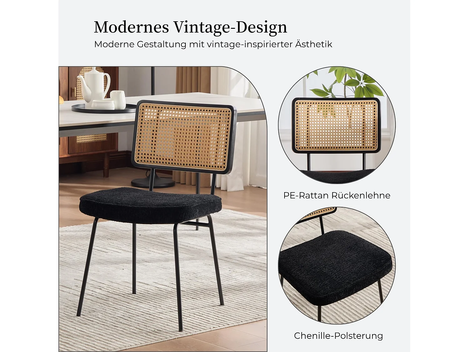 Moderne Vintage Eetkamerstoel Set van 2, PE Rotan Rugleuning, Chenille Bekleding, Metalen Frame, Draagvermogen 120kg
