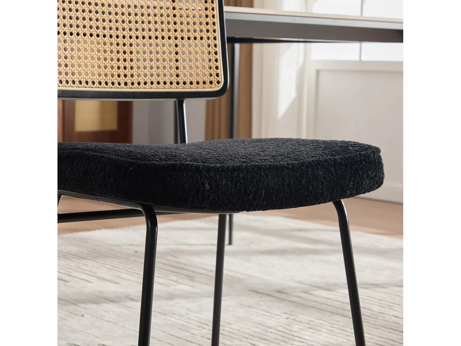Moderne Vintage Eetkamerstoel Set van 2, PE Rotan Rugleuning, Chenille Bekleding, Metalen Frame, Draagvermogen 120kg