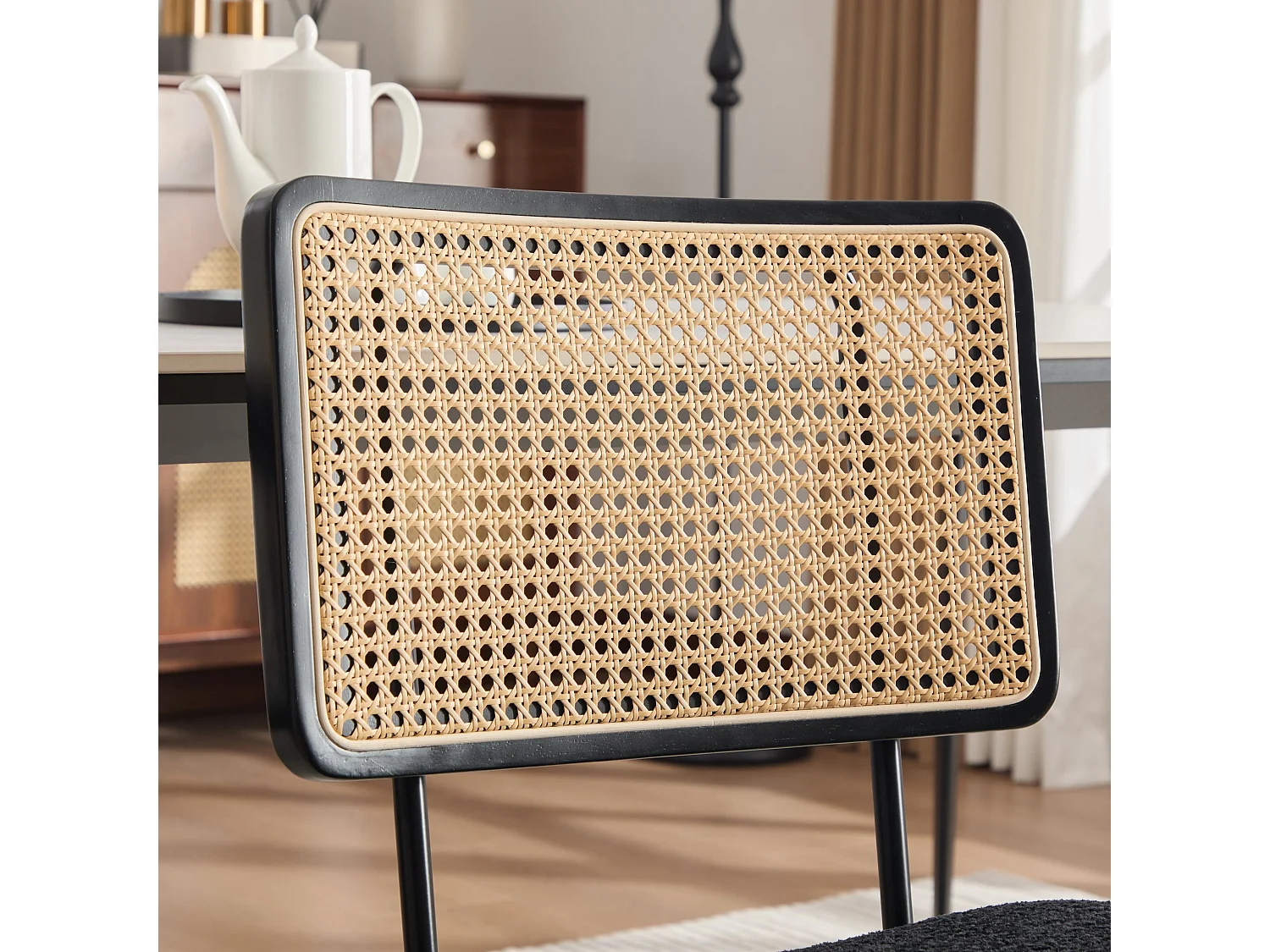 Set van 2 moderne vintage eetkamerstoelen met PE rotan rugleuning