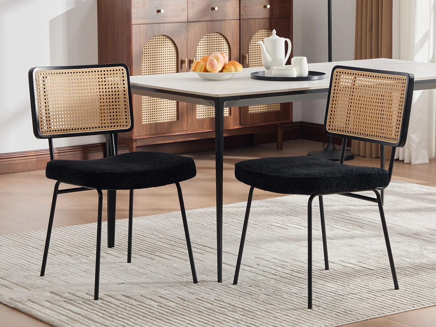 Set van 2 moderne vintage eetkamerstoelen met PE rotan rugleuning