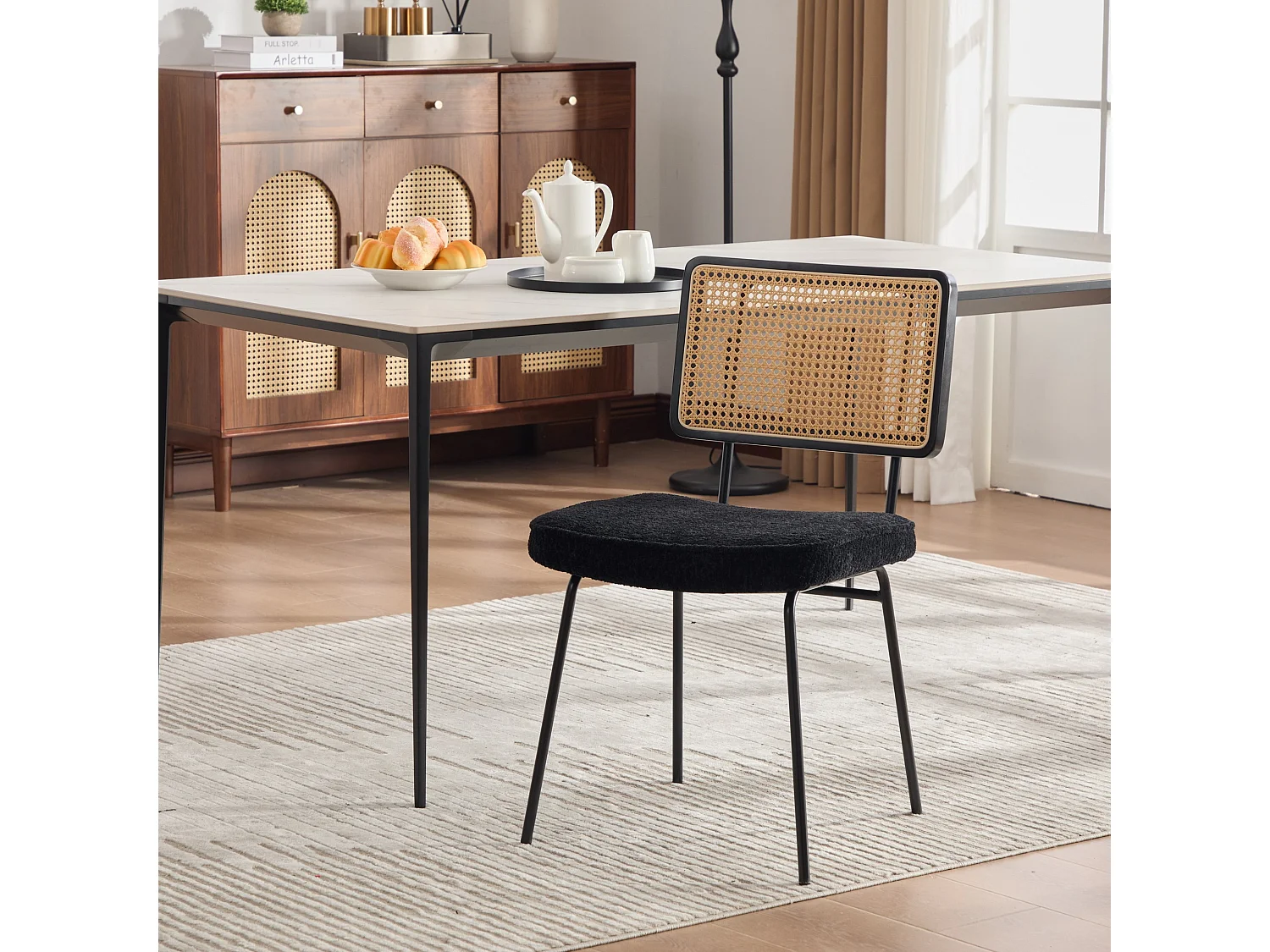 Set van 2 moderne vintage eetkamerstoelen met PE rotan rugleuning