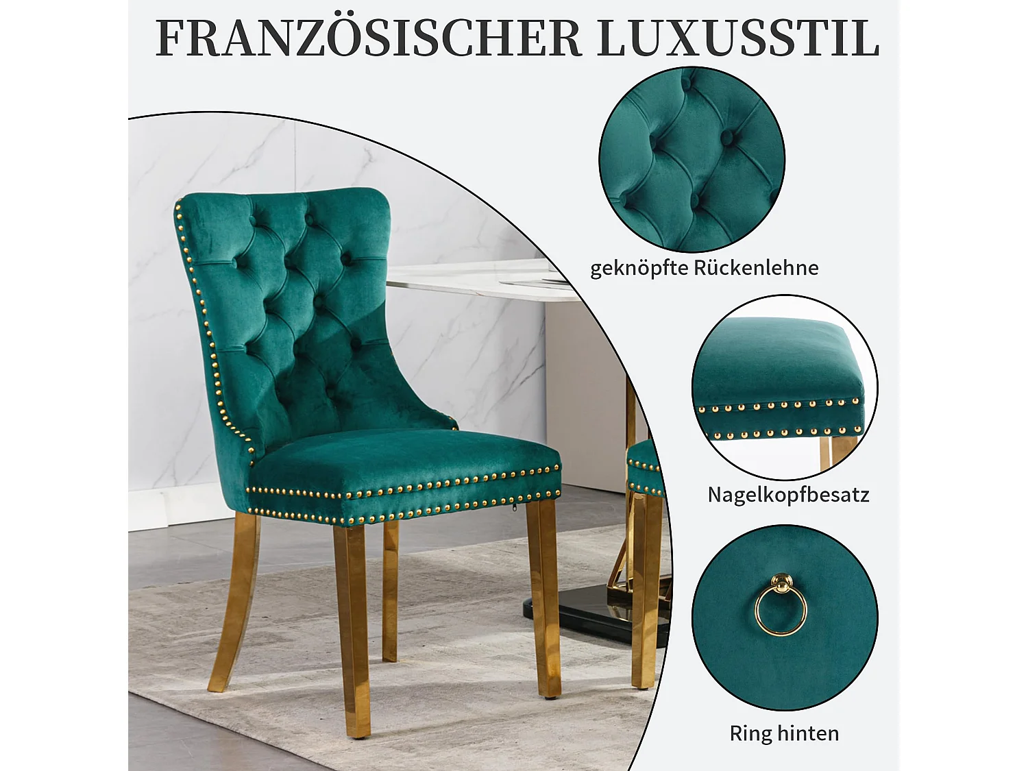 Esszimmerstühle 2er Set aus Samt, moderner Küchenstuhl, Polsterstuhl mit Ringgriff, Nieten und Knopf-Rückenlehne, Metallbein mit verstellbaren Fußpads