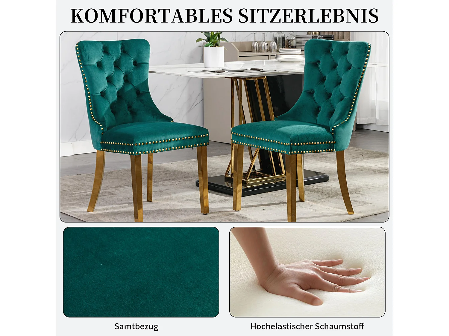 Esszimmerstühle 2er Set aus Samt, moderner Küchenstuhl, Polsterstuhl mit Ringgriff, Nieten und Knopf-Rückenlehne, Metallbein mit verstellbaren Fußpads