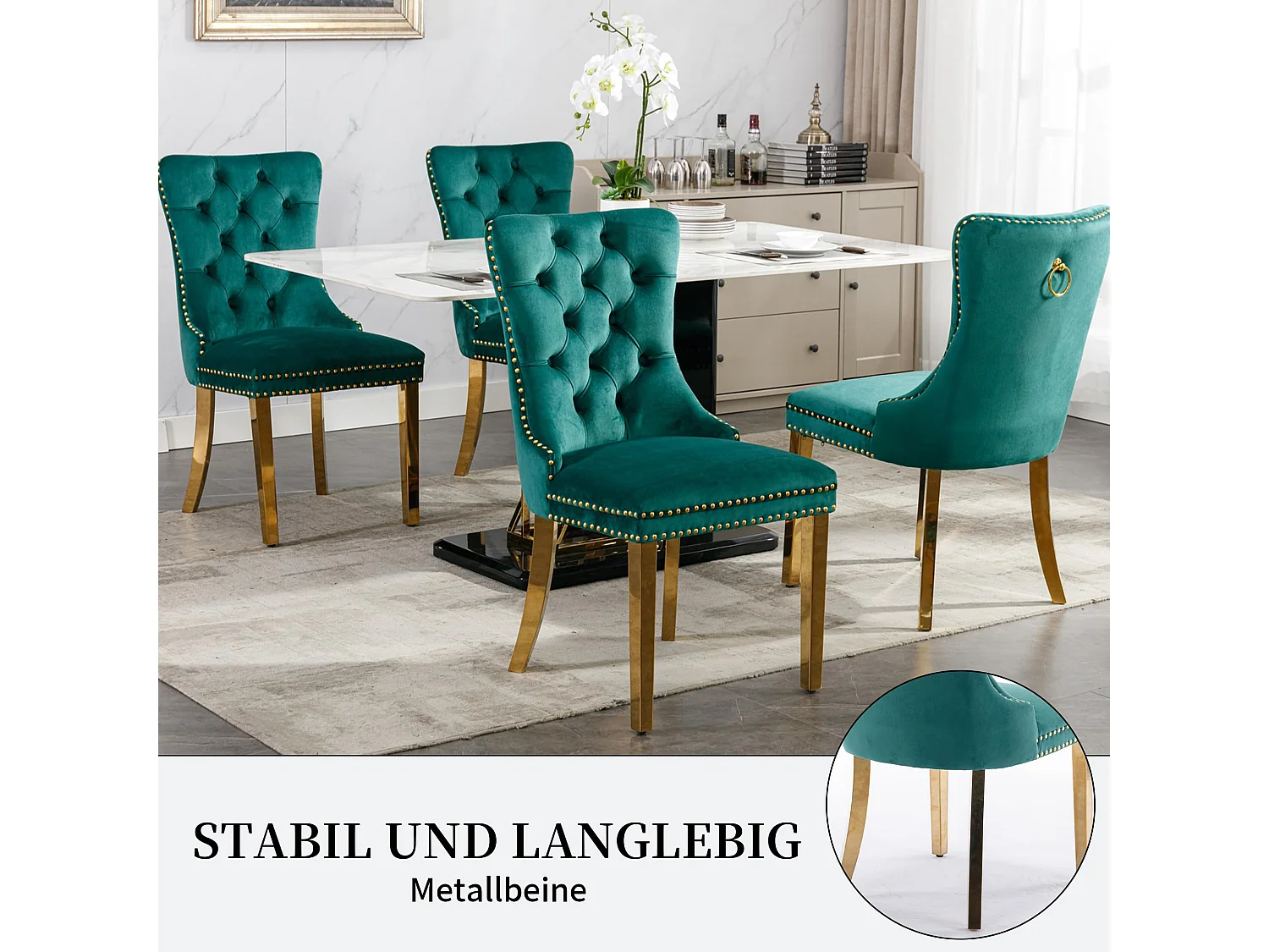 Esszimmerstühle 2er Set aus Samt, moderner Küchenstuhl, Polsterstuhl mit Ringgriff, Nieten und Knopf-Rückenlehne, Metallbein mit verstellbaren Fußpads
