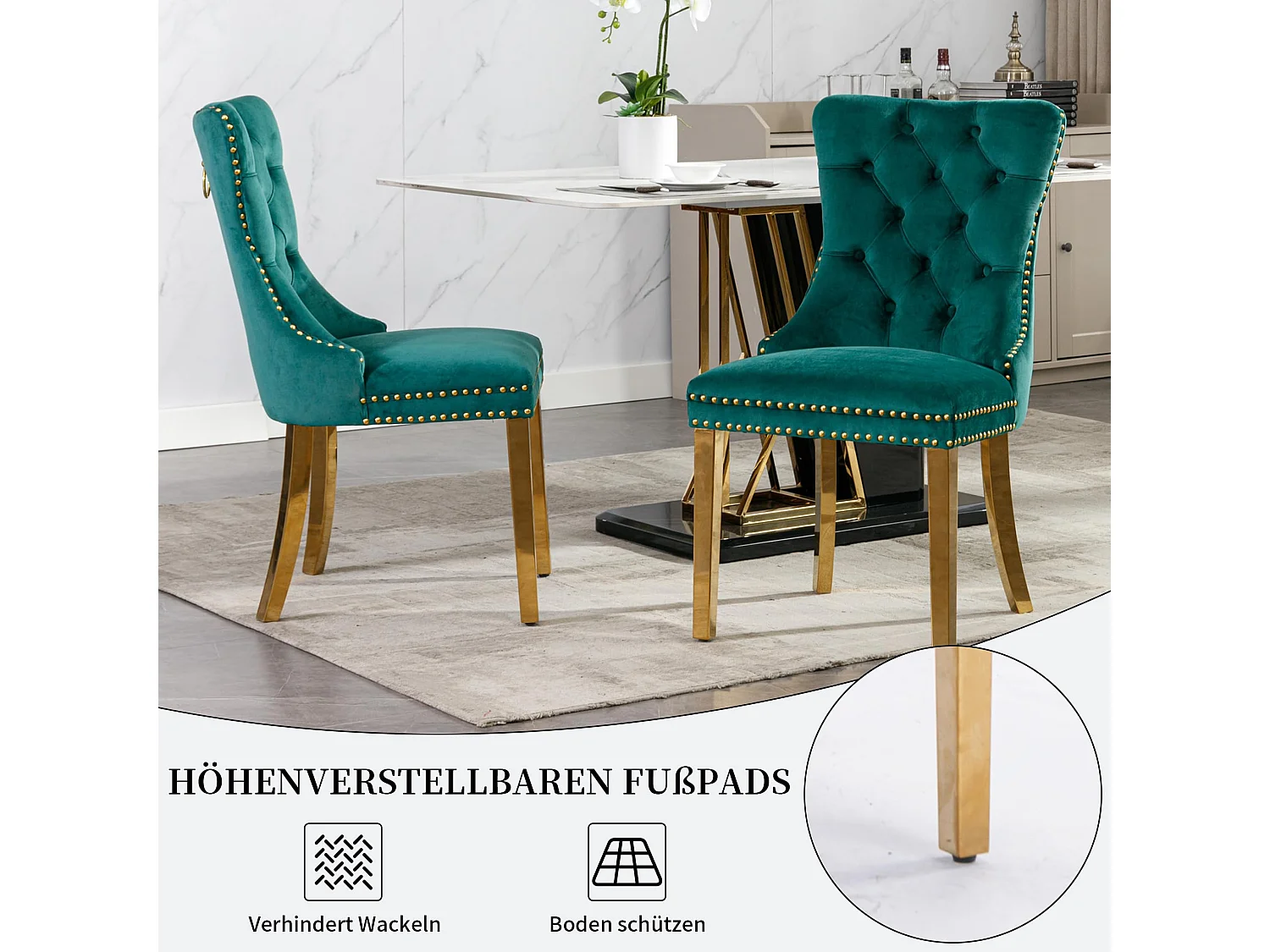 Esszimmerstühle 2er Set aus Samt, moderner Küchenstuhl, Polsterstuhl mit Ringgriff, Nieten und Knopf-Rückenlehne, Metallbein mit verstellbaren Fußpads