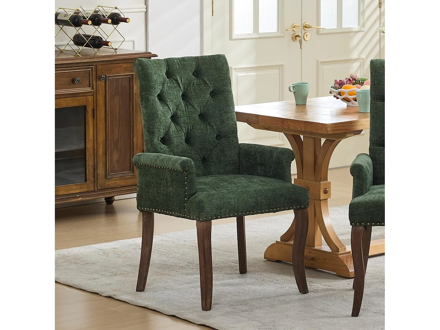 Esszimmerstuhl mit Armlehnen Chenille Polsterstuhl mit Verstellbaren Massivholzbeinen, Einzelsitz, in französischem Luxusstil, Rückenlehne mit Knopfheftung