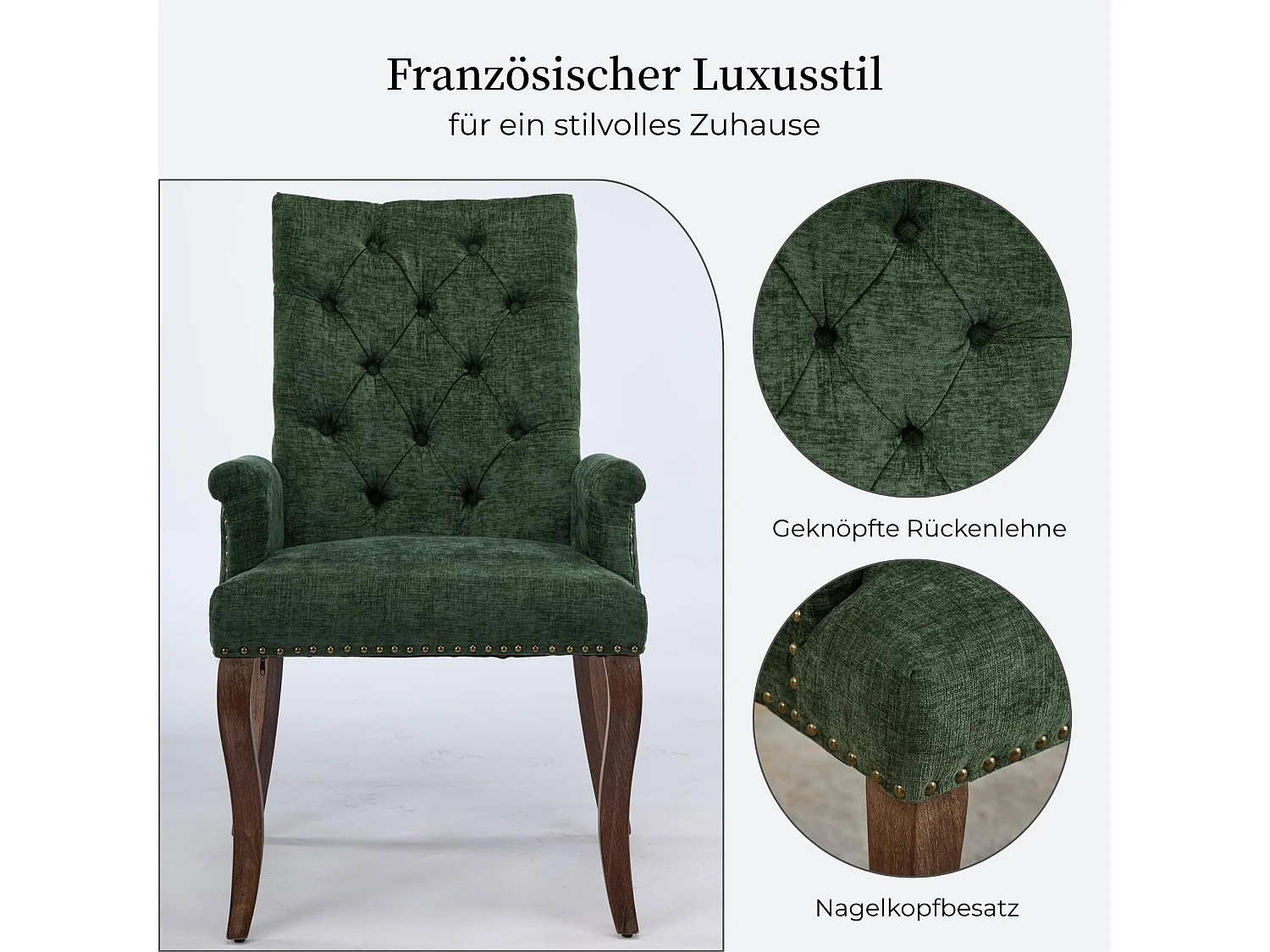 Esszimmerstuhl mit Armlehnen Chenille Polsterstuhl mit Verstellbaren Massivholzbeinen, Einzelsitz, in französischem Luxusstil, Rückenlehne mit Knopfheftung