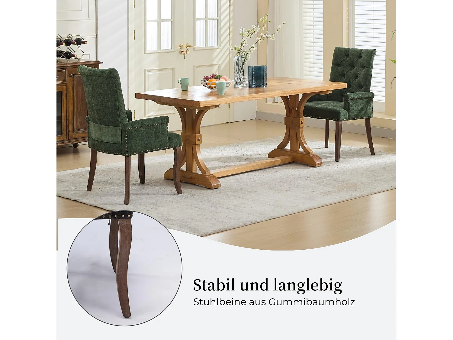 Esszimmerstuhl mit Armlehnen Chenille Polsterstuhl mit Verstellbaren Massivholzbeinen, Einzelsitz, in französischem Luxusstil, Rückenlehne mit Knopfheftung