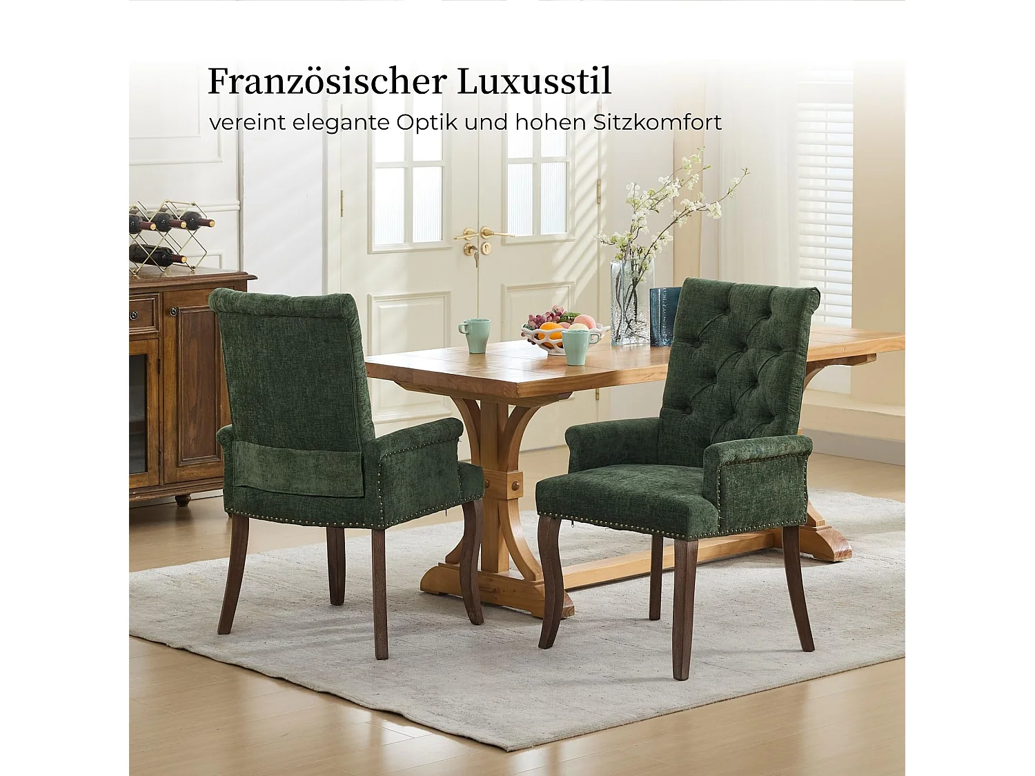 Esszimmerstuhl mit Armlehnen Chenille Polsterstuhl mit Verstellbaren Massivholzbeinen, Einzelsitz, in französischem Luxusstil, Rückenlehne mit Knopfheftung