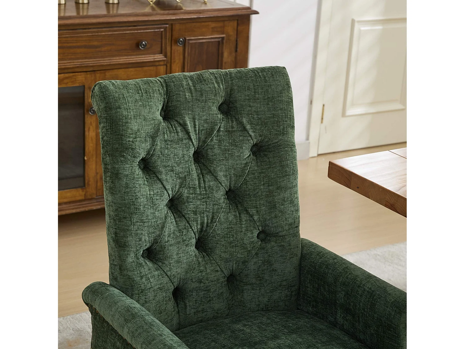 Chaise de salle à manger vintage avec accoudoirs capitonnage et cadre bois