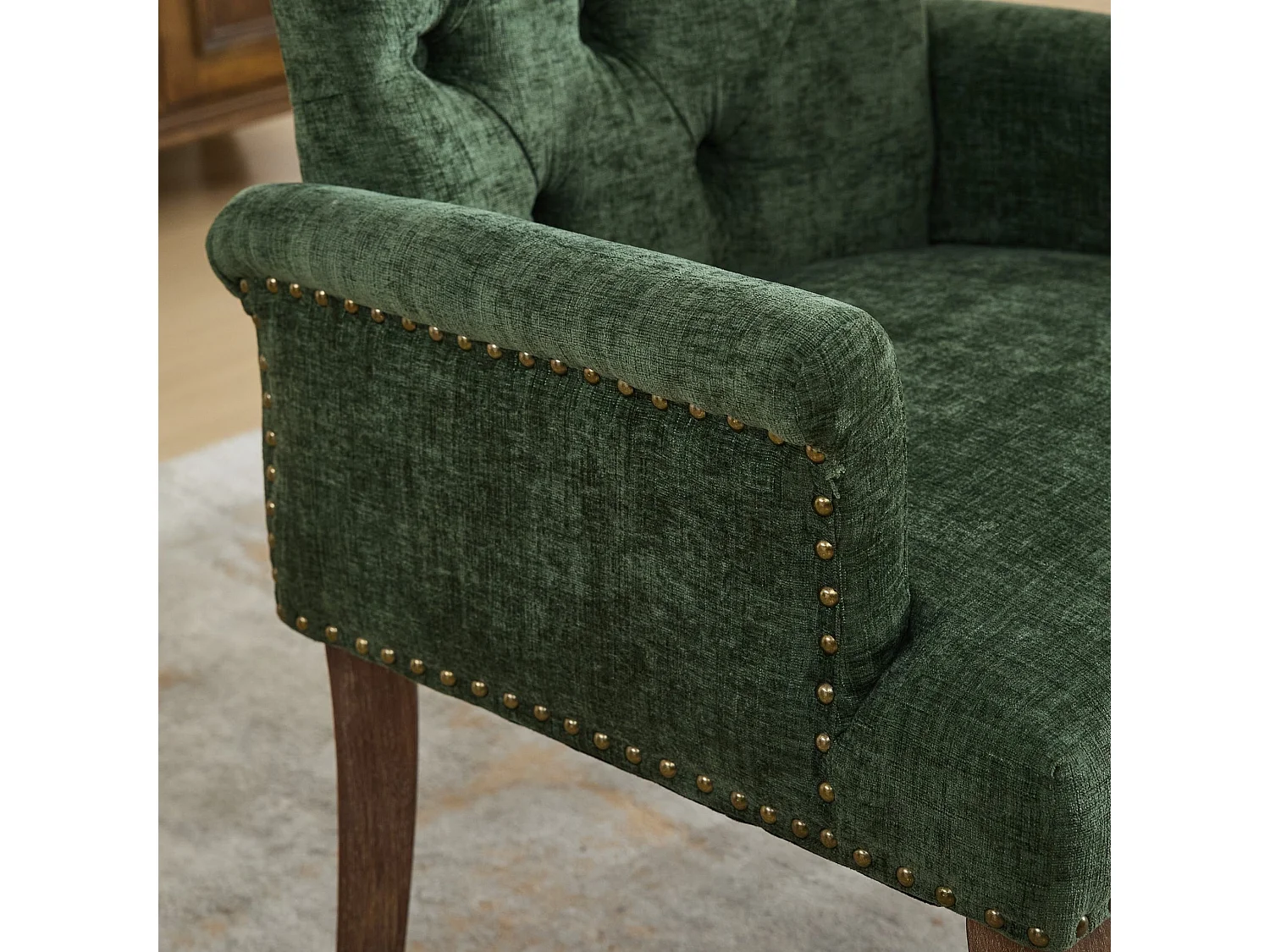 Chaise de salle à manger vintage avec accoudoirs capitonnage et cadre bois