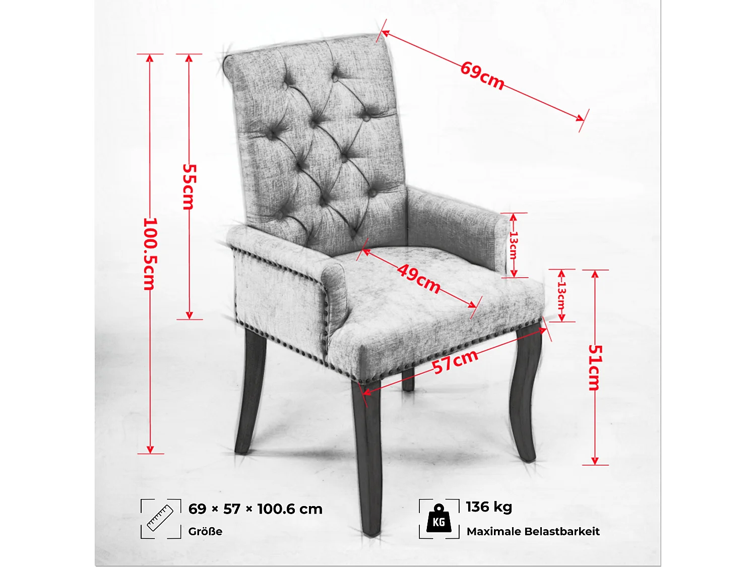 Chaise de salle à manger vintage avec accoudoirs capitonnage et cadre bois