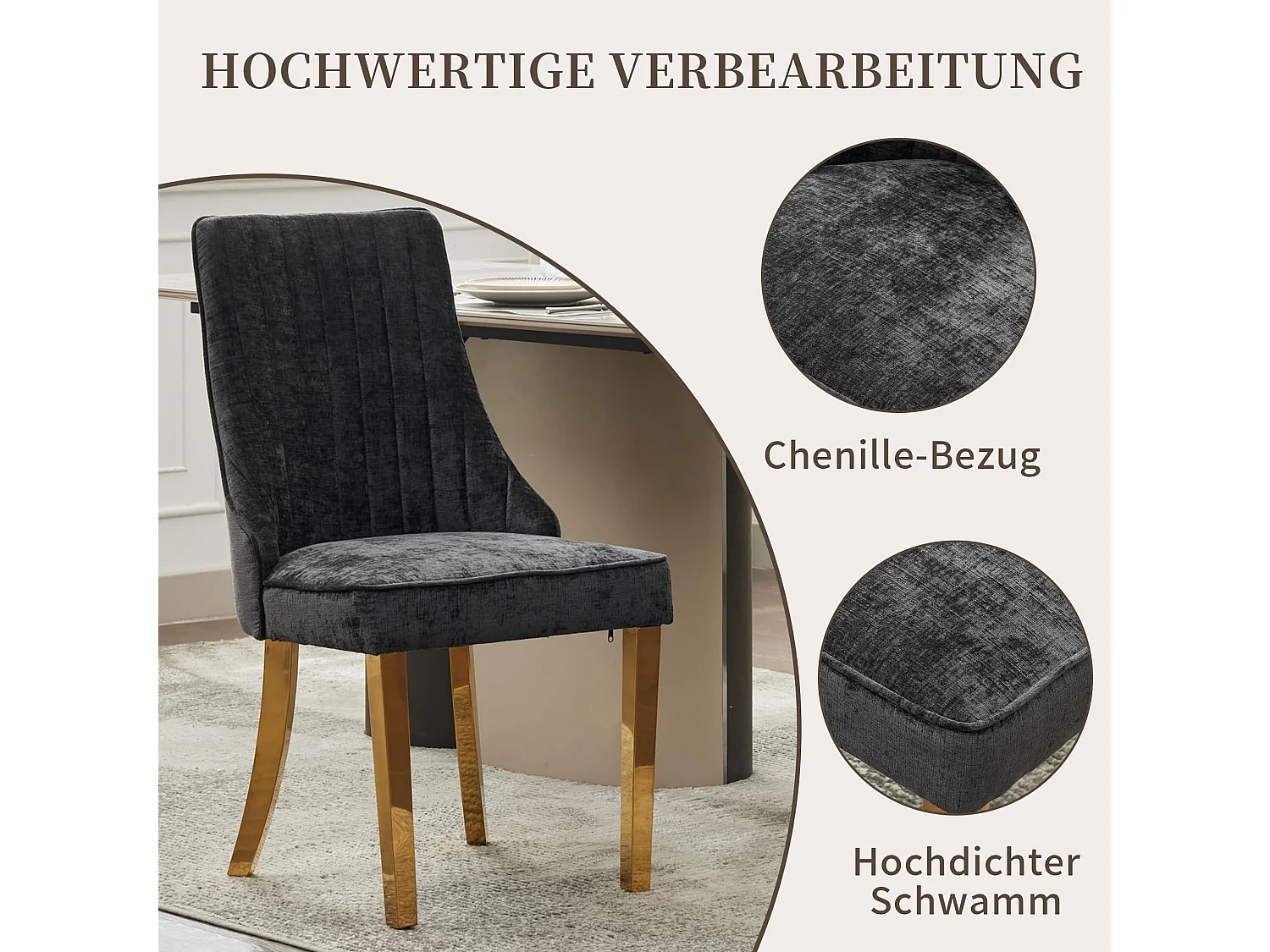 Esszimmerstühle 2er Set mit Chenille-Bezug, moderner Küchenstuhl mit geschwungenen Füßen und verstellbaren Fußpads, für Esszimmer, Küche und Schlafzimmer