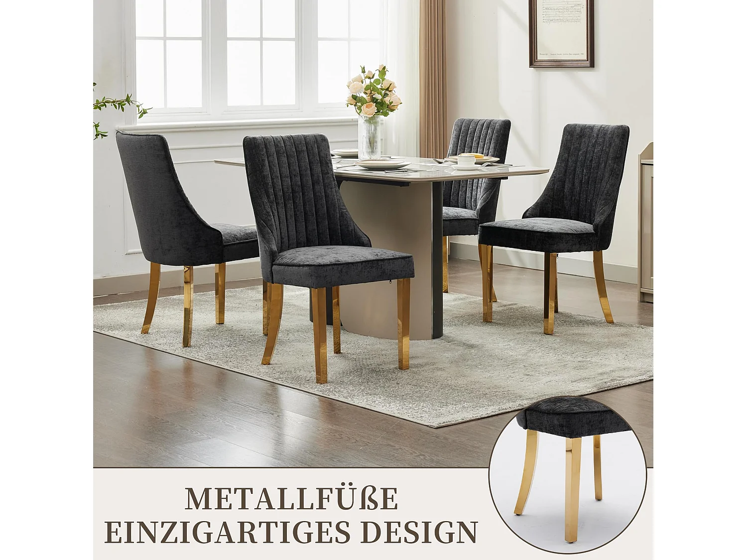 Esszimmerstühle 2er Set mit Chenille-Bezug, moderner Küchenstuhl mit geschwungenen Füßen und verstellbaren Fußpads, für Esszimmer, Küche und Schlafzimmer
