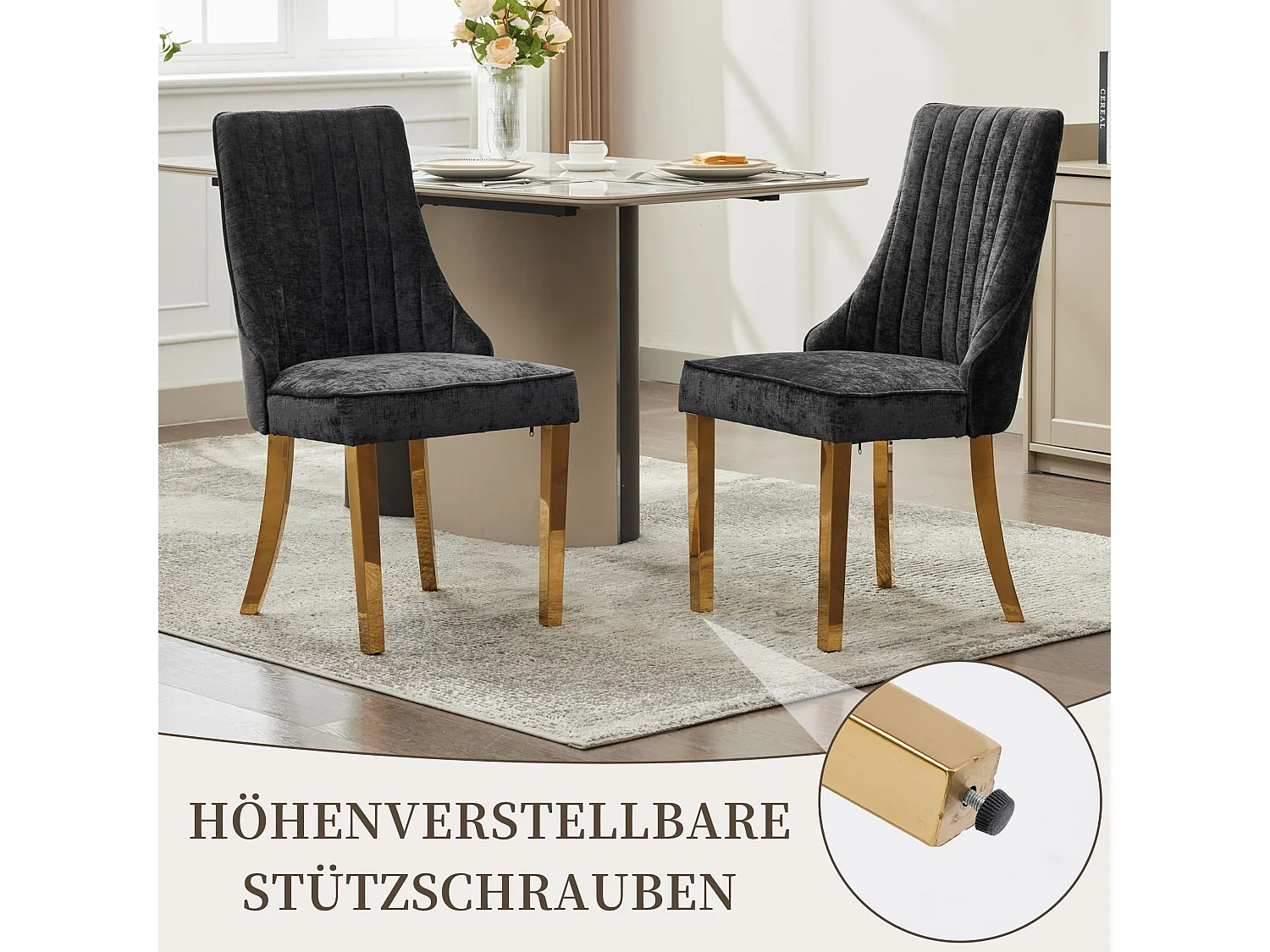 Esszimmerstühle 2er Set mit Chenille-Bezug, moderner Küchenstuhl mit geschwungenen Füßen und verstellbaren Fußpads, für Esszimmer, Küche und Schlafzimmer