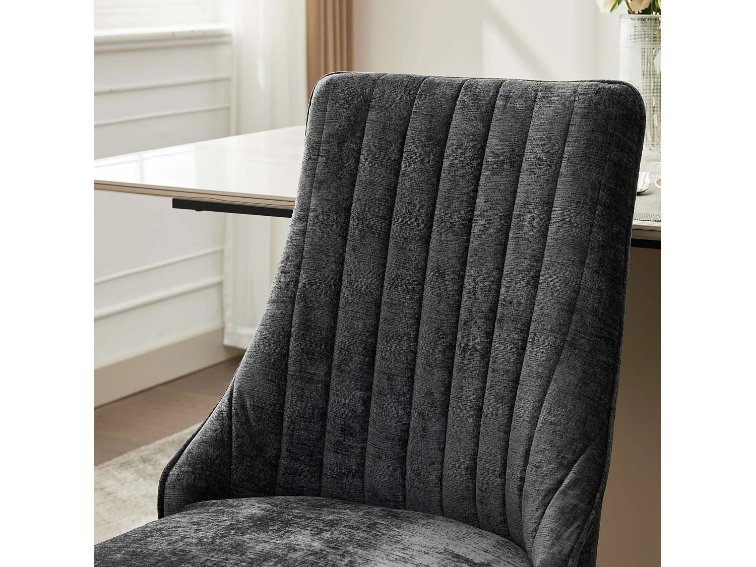 Lot de 2 chaises de salle à manger modernes en chenille avec haut dossier rainuré