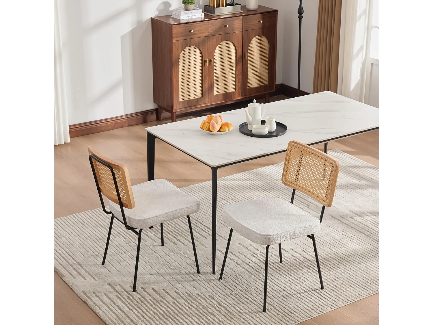 Moderner Vintage Esszimmerstuhl 2er Set, PE-Rattan Rücken, Chenille Polster, Metallrahmen, 120kg Belastbarkeit