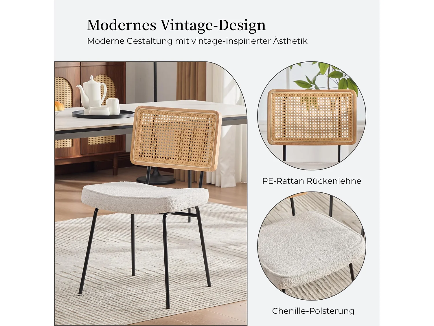 Moderner Vintage Esszimmerstuhl 2er Set, PE-Rattan Rücken, Chenille Polster, Metallrahmen, 120kg Belastbarkeit