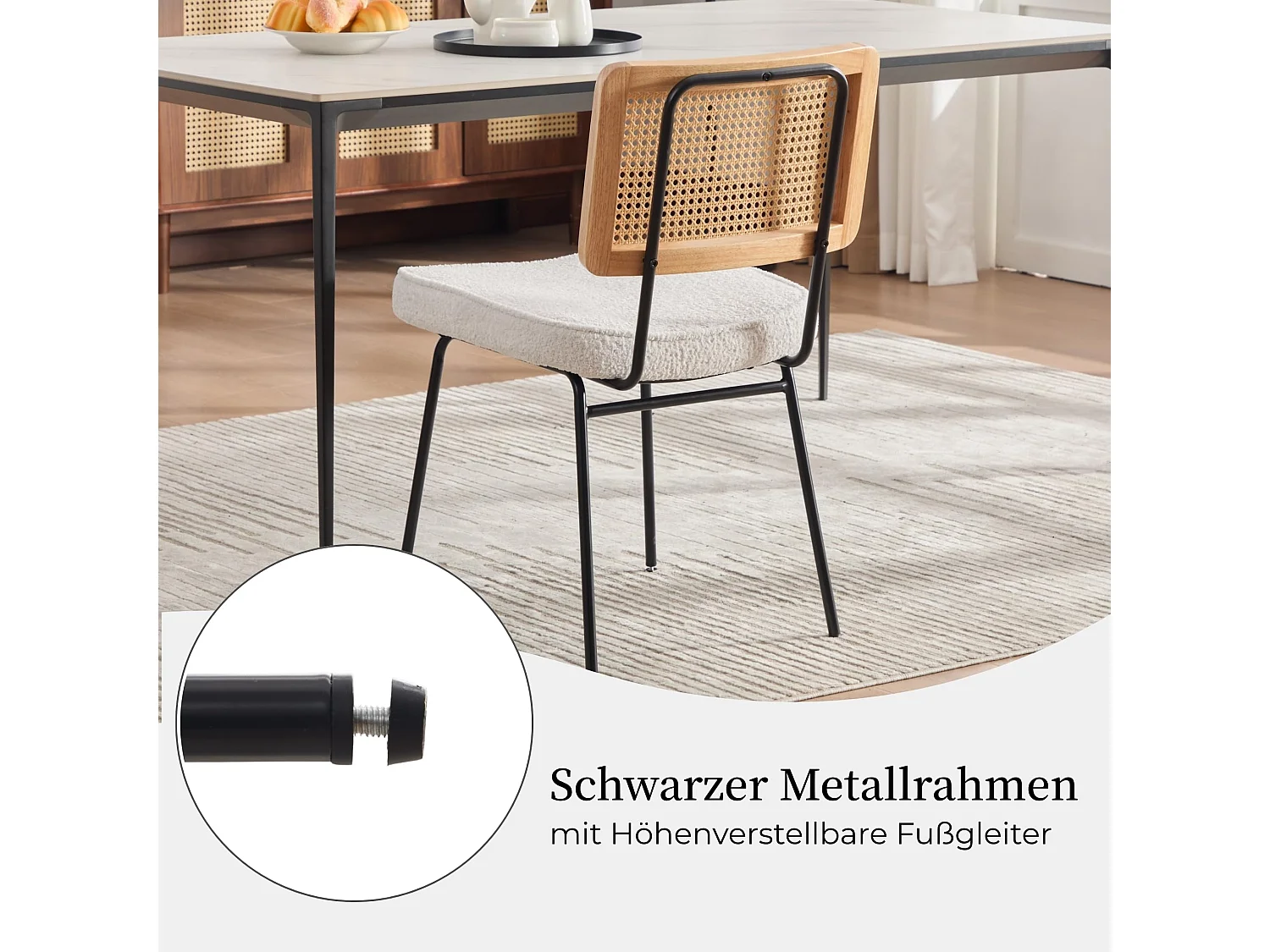 Moderner Vintage Esszimmerstuhl 2er Set, PE-Rattan Rücken, Chenille Polster, Metallrahmen, 120kg Belastbarkeit
